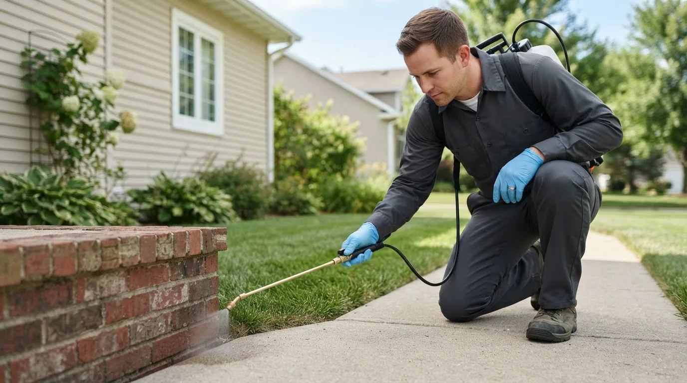 Pest control technician treating a home near Tyngsboro, MA