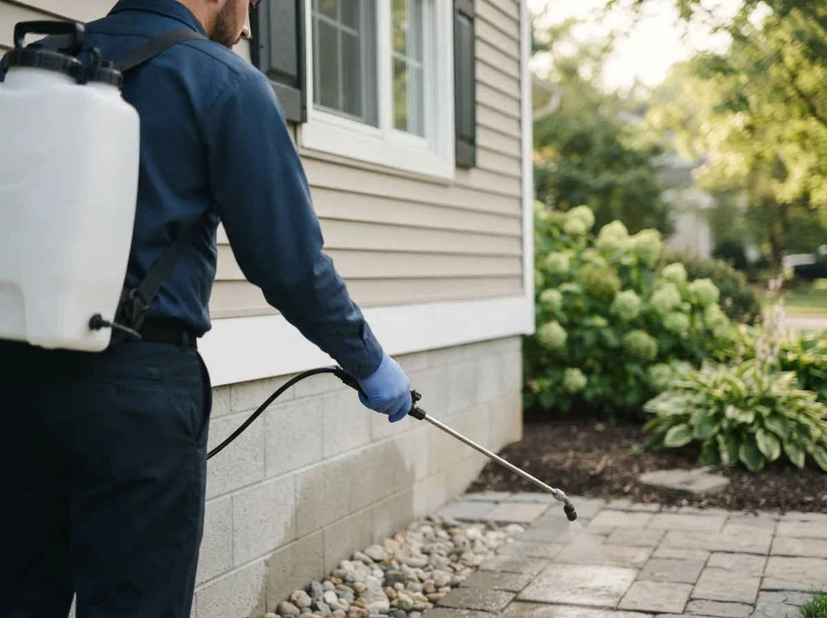 Pest control technician inspecting a home in Tyngsboro, MA